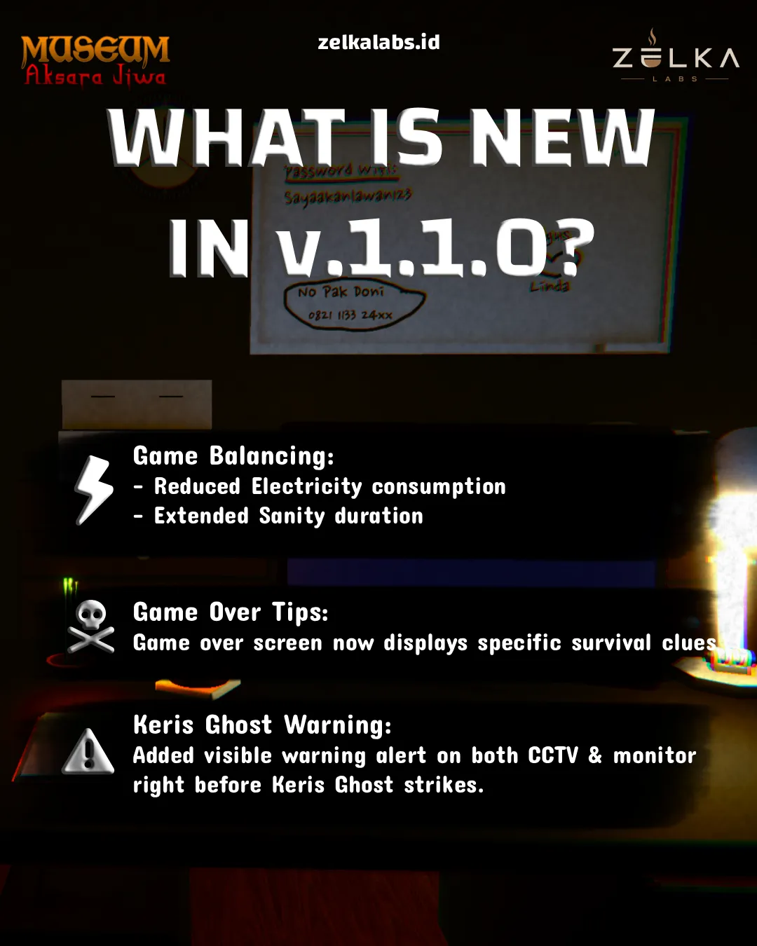 Update v1.1.0 patch notes infographic covering game balancing, game over tips, and Keris Ghost warnings