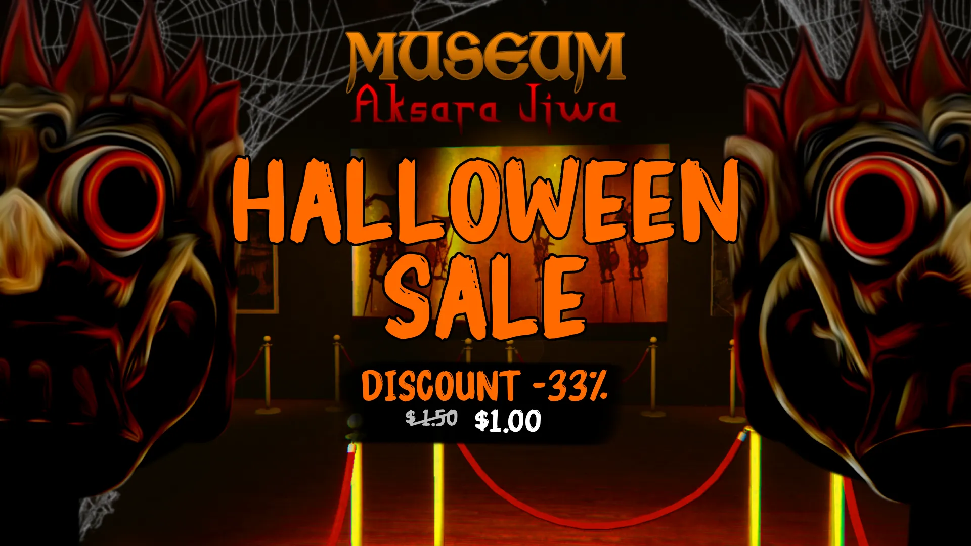 Museum Aksara Jiwa Halloween Sale banner showing 33% discount