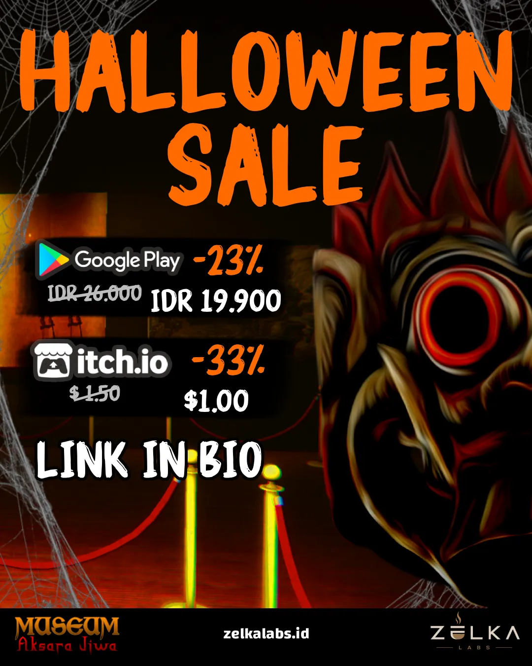 Museum Aksara Jiwa Halloween Sale infographic showing Google Play at -23% and itch.io at -33%