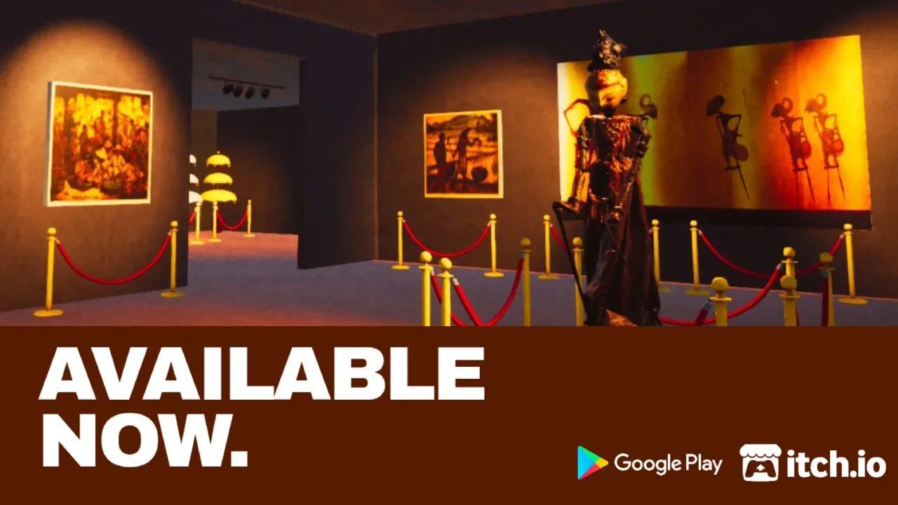 Museum Aksara Jiwa release banner: a wayang figure standing in a lit museum gallery behind red velvet ropes, with the words Available Now and the Google Play and itch.io logos